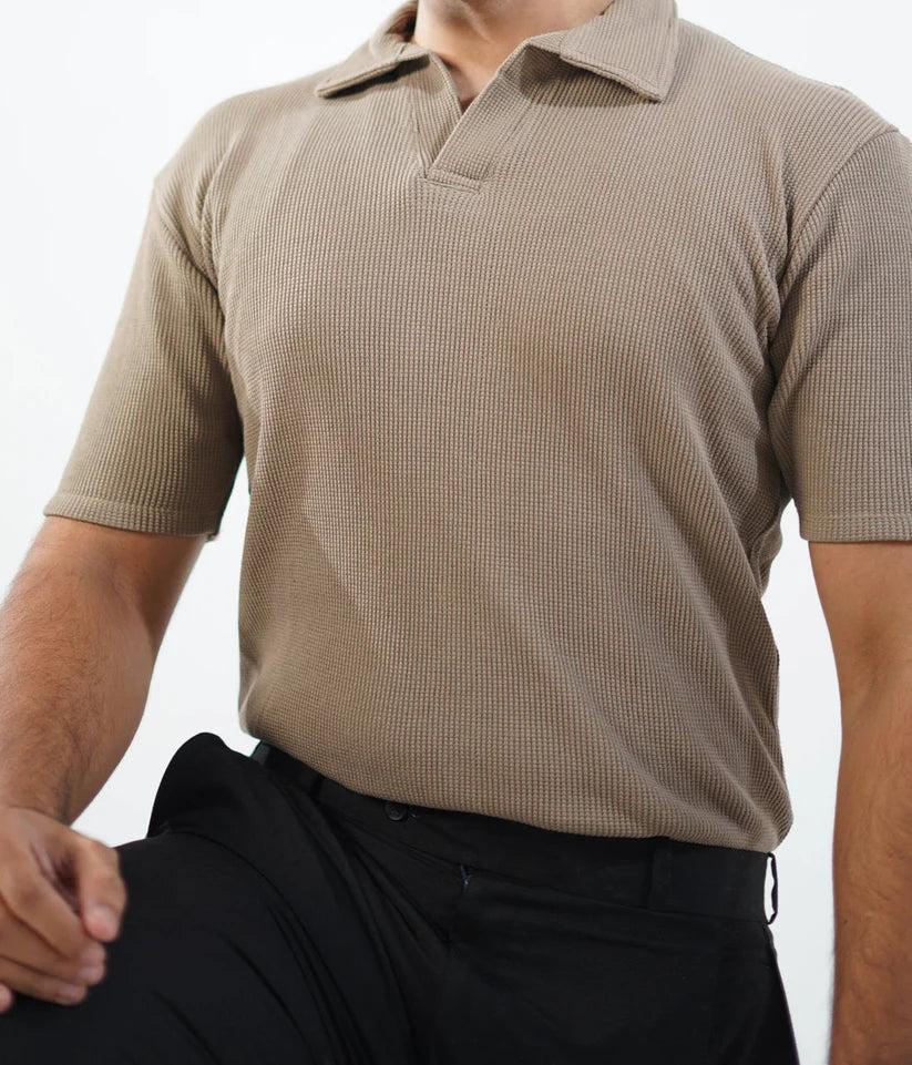 Beige Polo shirt waffle knit