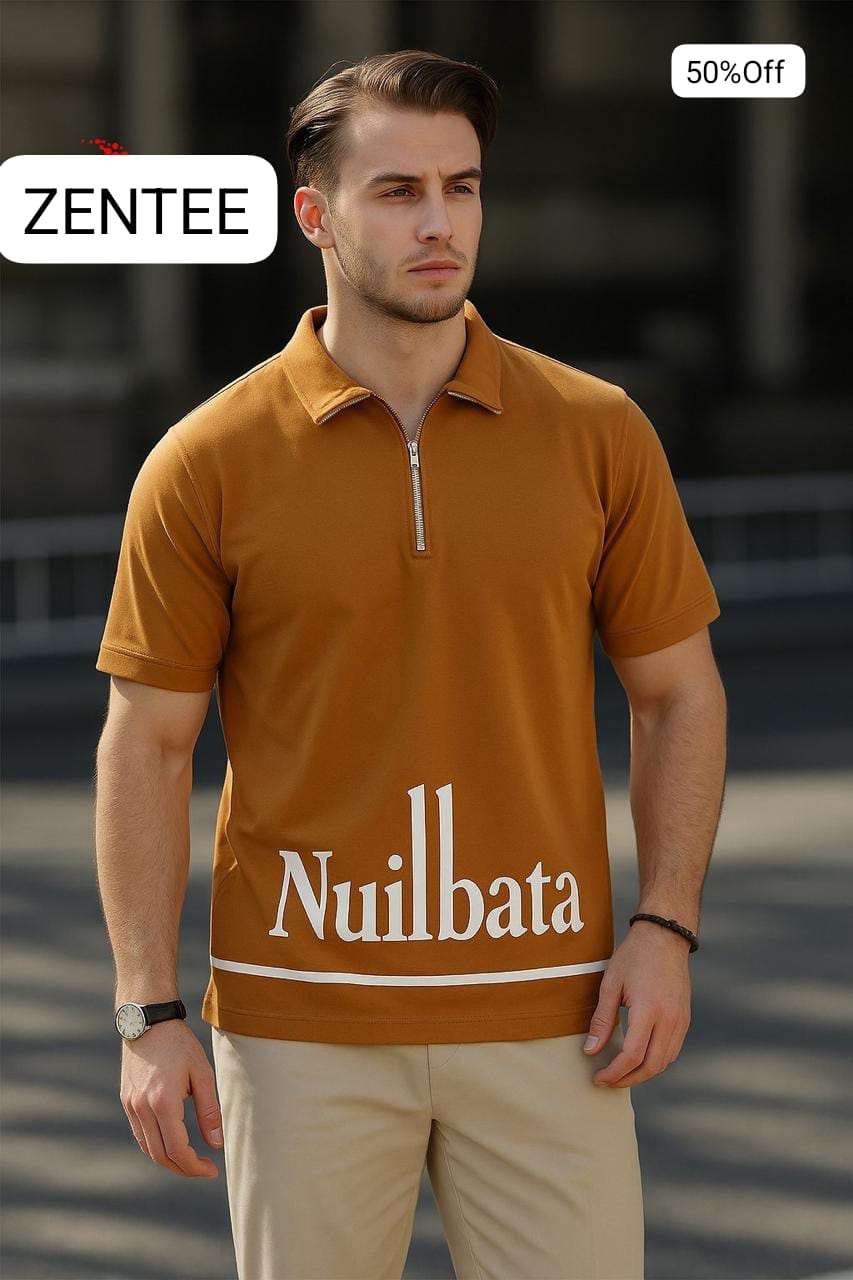 Printed - Zipper Polo Shirt - Mustard