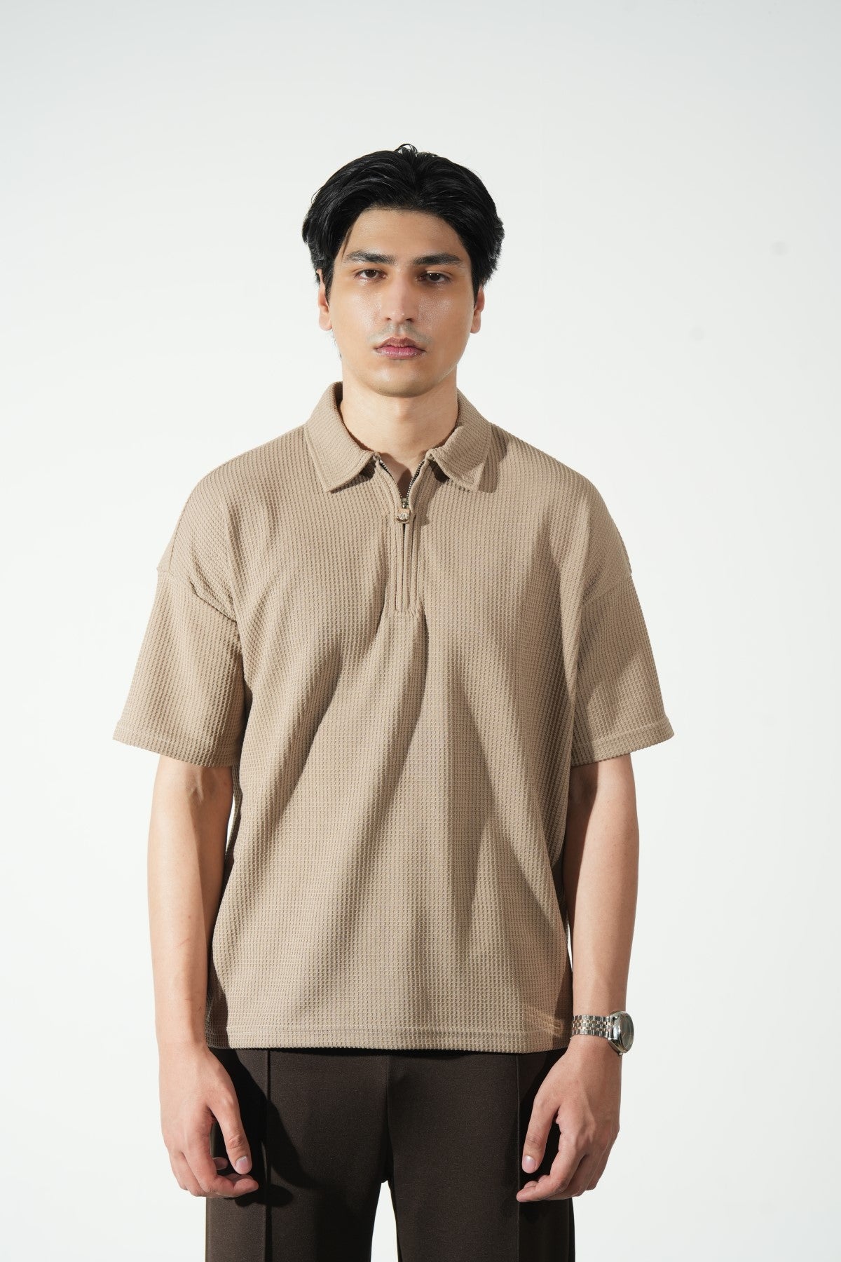 Classic Waffle Zipper Polo Shirt