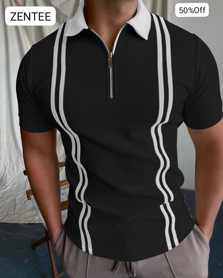 Zipper Striped Polo Shirt - Black