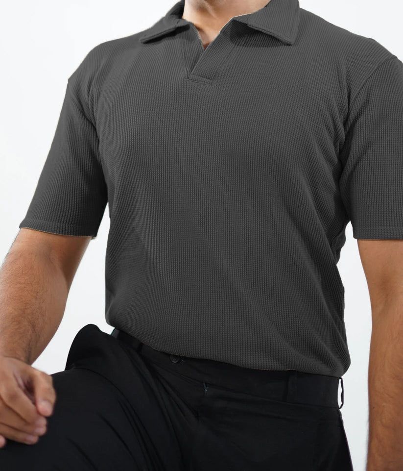 Charcoal polo shirt waffle knit