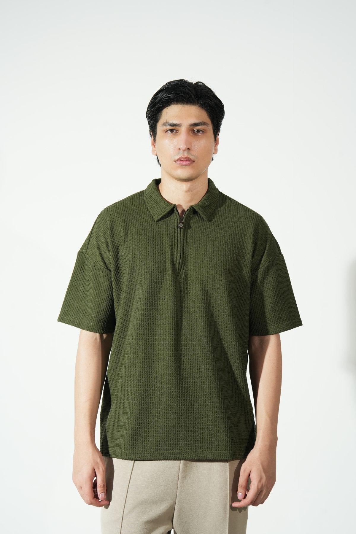 Classic Waffle Zipper Polo Shirt