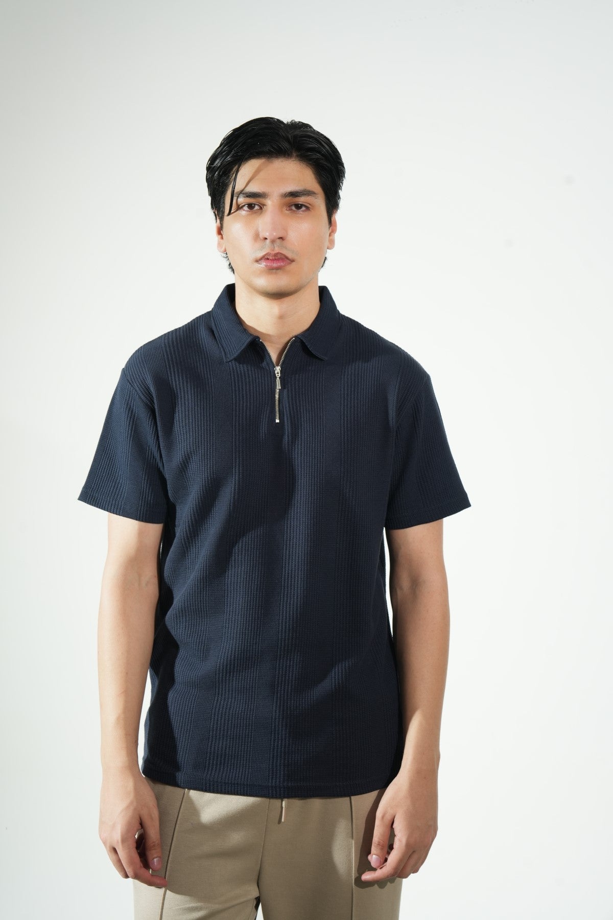 Classic Waffle Zipper Polo Shirt