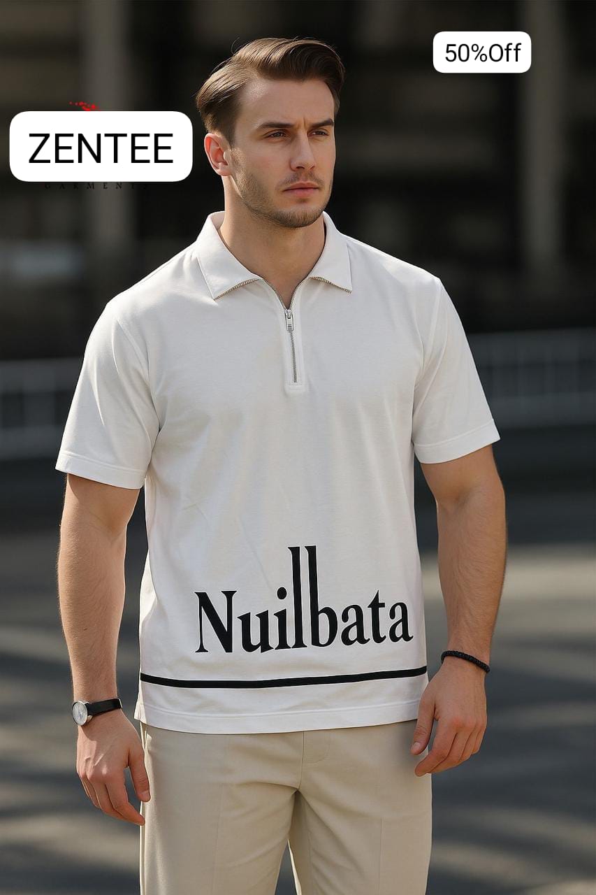 Printed - Zipper Polo Shirt - White