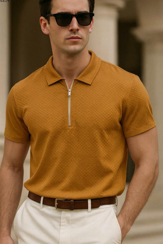 Texture Zipper Polo | Mustard