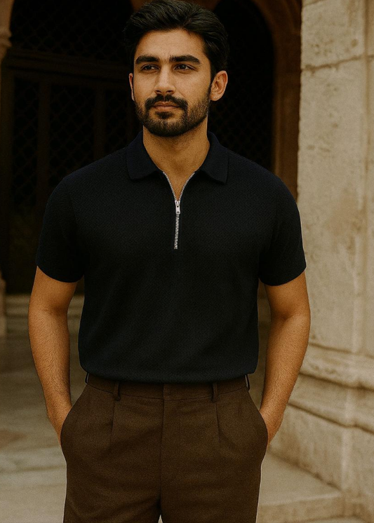 Knitted Zipper Polo Shirt