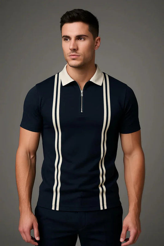 Zipper Striped Polo Shirt - Neavy Blue