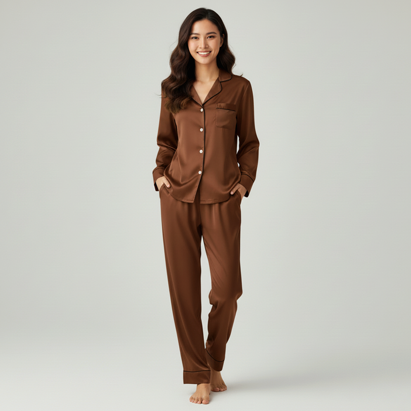 Silk Night Suit - Brown
