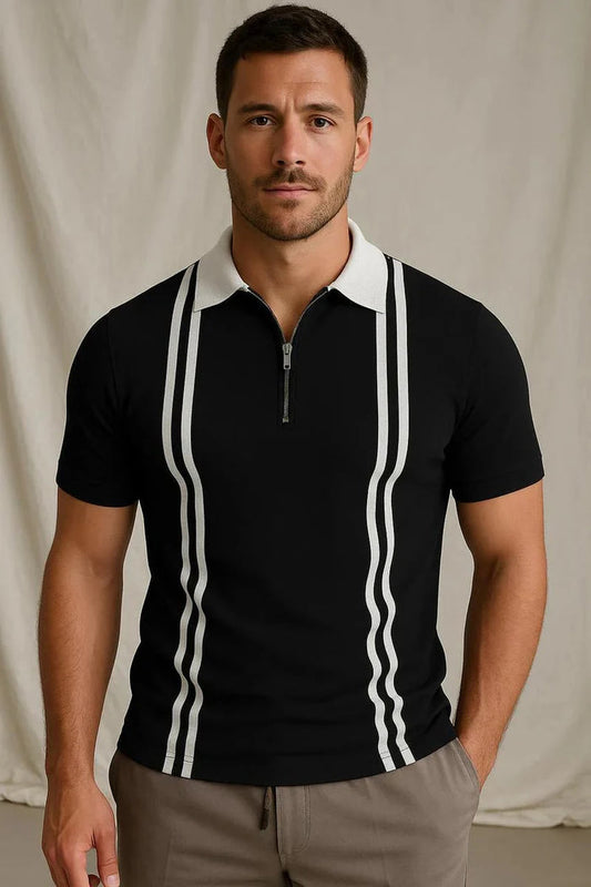 Zipper Striped Polo Shirt - Black